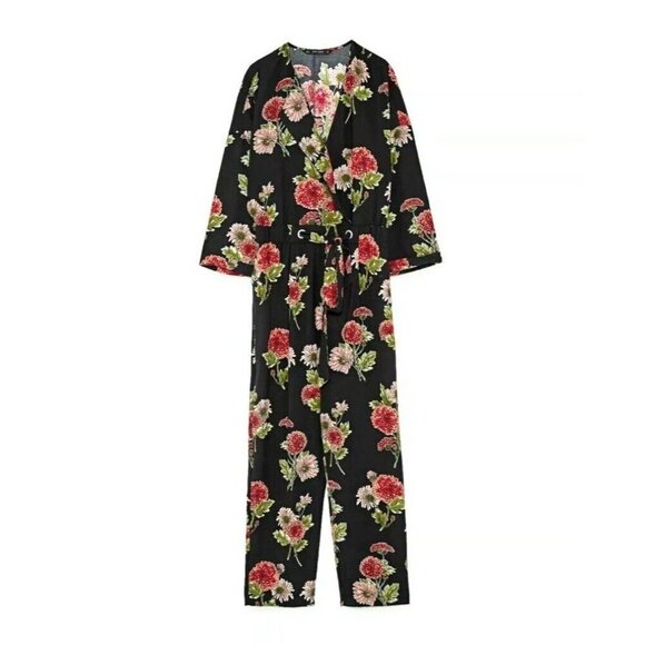 Zara DArk Florals Long Sleeve Jumpsuit S - Picture 2 of 10